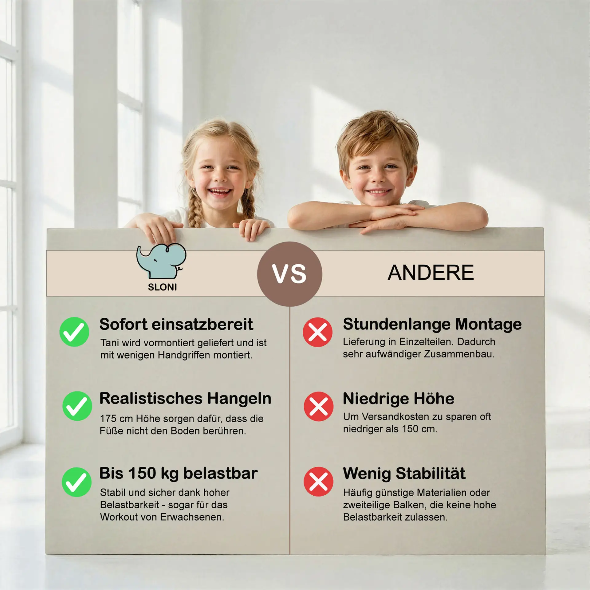 Gegenüberstellung der Vorteile der Kletterwand Tani für Kinder im Vergleich mit anderen Anbietern für Kletterwände für Kinder